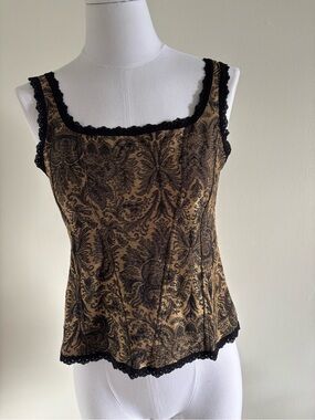 Arianne Black Lace Trimmed Damask Camisole with Gold Pattern
